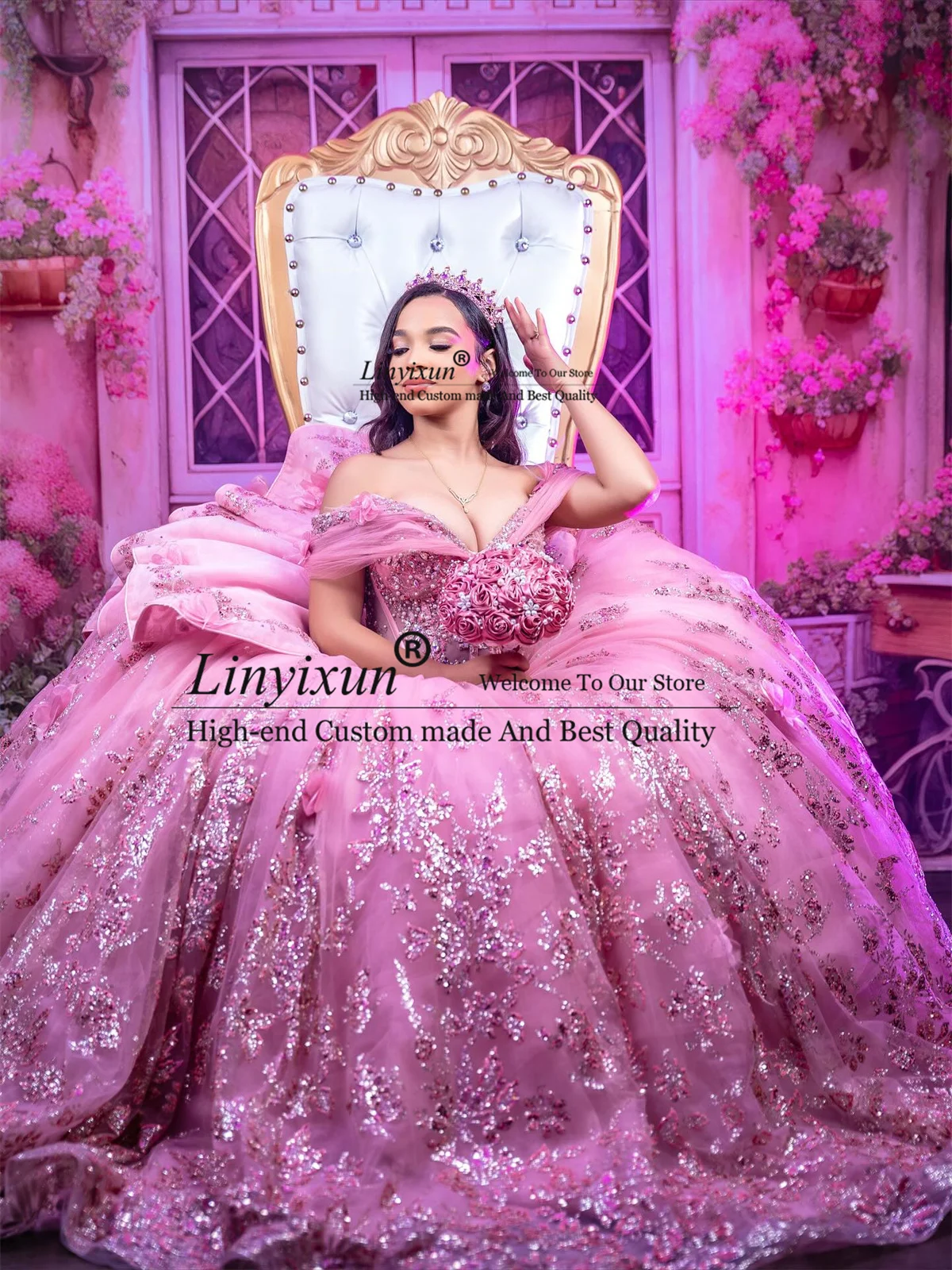 فساتين Quinceanera مكشوفة الكتفين للأميرة مزينة بالترتر الحلو 16 ثوب مخصص لحفلات أعياد الميلاد من Vestidos de quinceanera