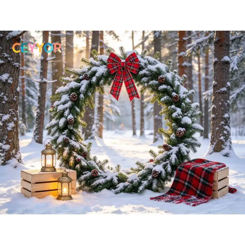 CEYYOR Winter Forest Christmas Candy Cane Backdrop, Christmas House Kids Holiday Photo Booth Background