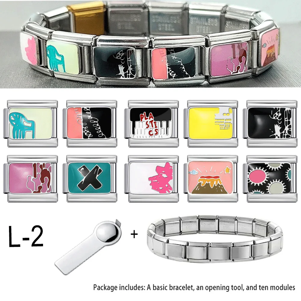 

12pcs New Nail Art Colorful Glaze Charm Link Set 9mm Italian Bracelet Design Original Graphic Stainless Steel Jewelry DIY Pack