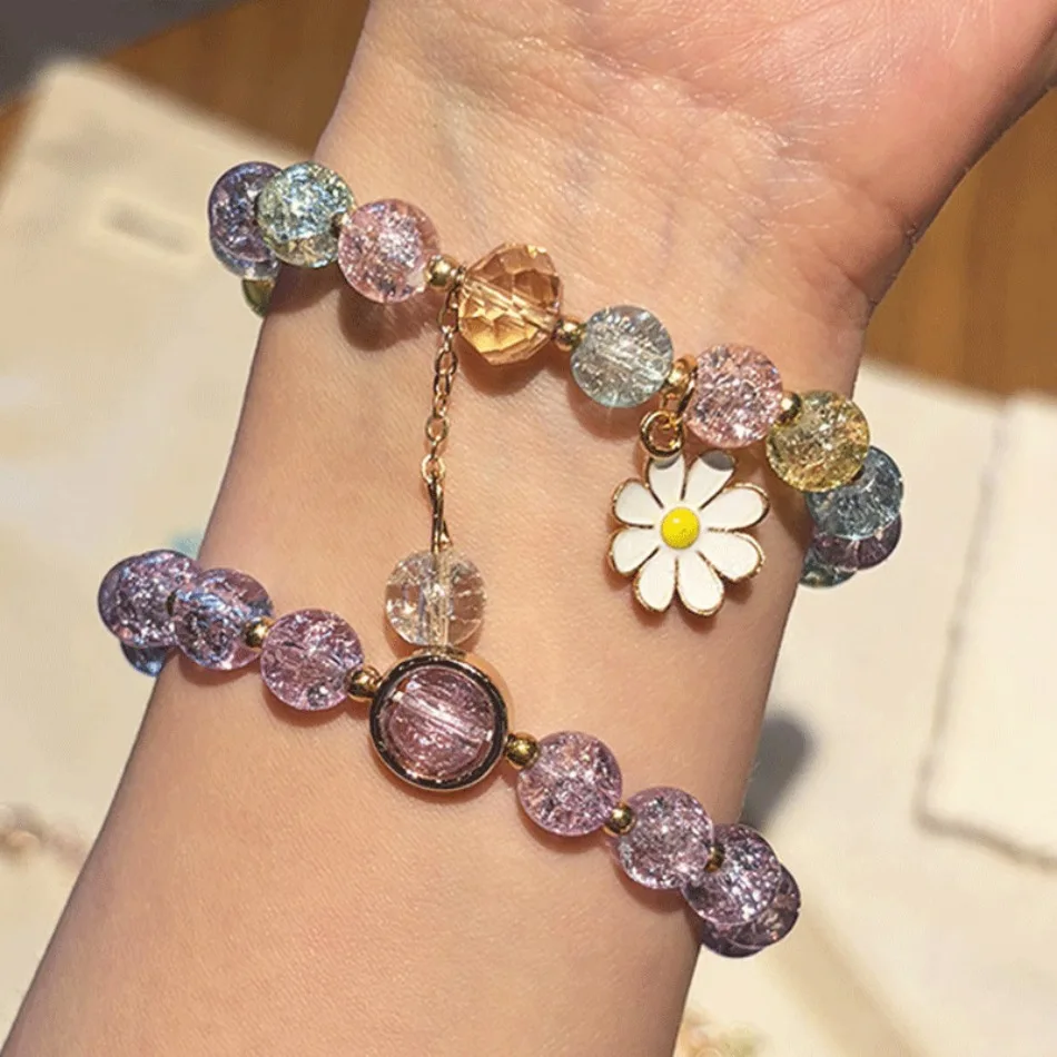 2026 New Female Crystal Camellia Bracelet Women Powder Crystal Glass Bracelet Versatile Exquisite Girlfriend Jewelry Gift HP01