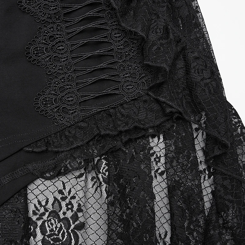 PUNK RAVE Dames Gothic Retro Hoog-laag Kanten shorts met ruches Punk Uniek Niet-afneembaar Skort-ontwerp uit één stuk Donkere korte broek