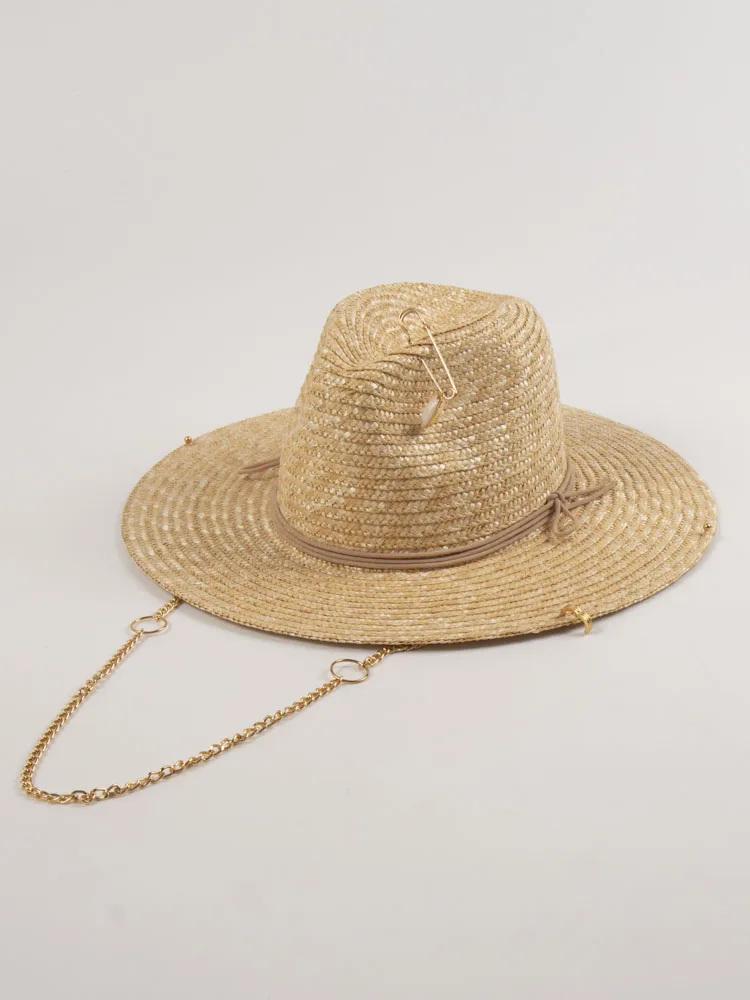 Luxury Desiger Chain Straw Fedora Hats For Women Summer Beach Hat Fashion Panama Sun Hats UV Protective  Wide brim Vacation