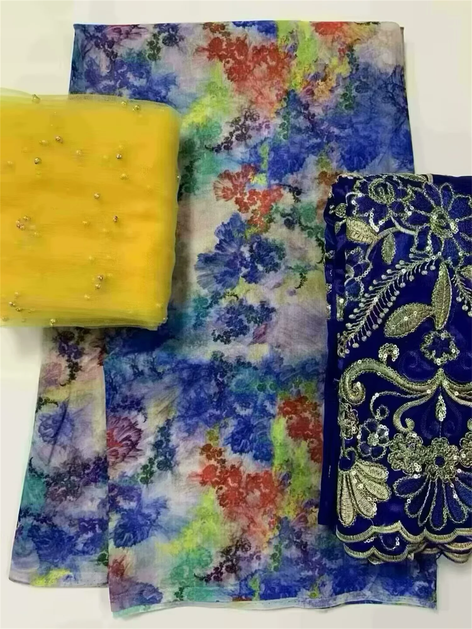 5+2+2 Yards/Set Wholesale Soft African Bead Print Satin Silk George Fabric With Swiss Voile Lace For Party Lady Dress Sewing Sew