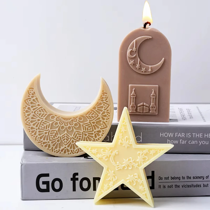 Stern Duftkerze Silikonform 3D Mandala Halbmond Gewölbte Gipsform Eid Mubarak Ramadan Dekor Herstellung Werkzeuge Ornamente