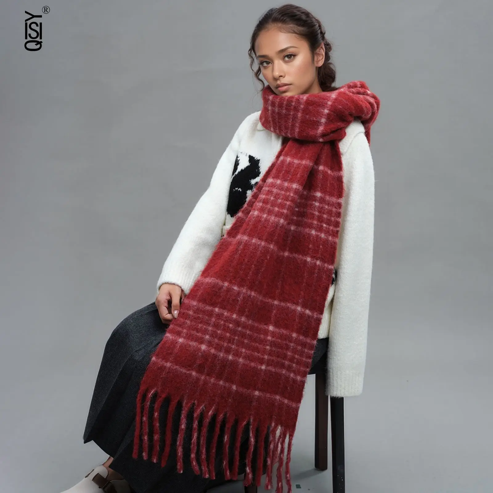 

2025 New Winter Woolen Tassel Long Scarf with A High-end Korean Style Check Pattern for Warmth