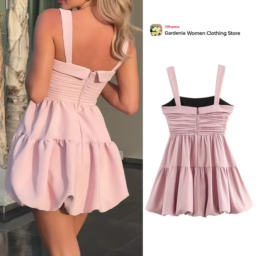 Gorgeous Summer Ruched Mini Dress Back in-seam Zipper Sweet Wide Straps Layered Pleated Robe Straight Neckline Vestidos De Mujer