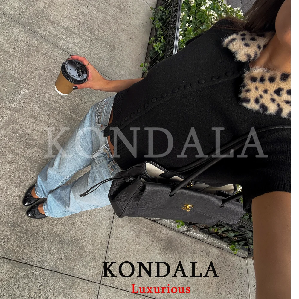 KONDALA Vintage Casual Chic Women Knit Sweaters Patchwork Faux Fur Button Short Sleeve  Cardigan Fashion 2026 Autumn Winter Tops