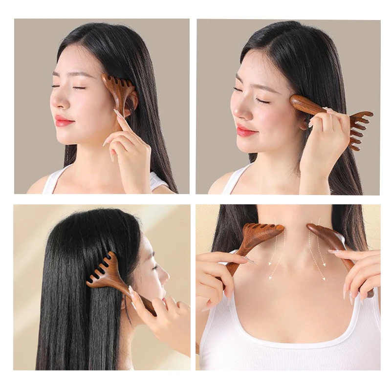 Wooden Face Lifting Guasha Scraping Massage Anti Static Head Six Claw Massager Promote Blood Circulation