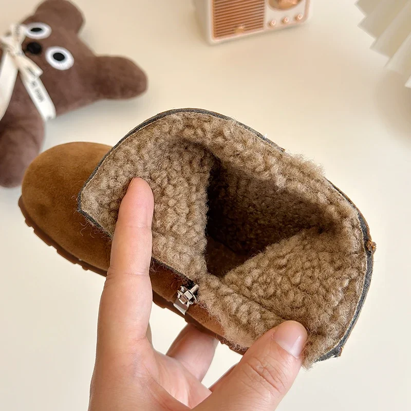 2024 Winter New Children\'s Genuine Leather Boots Girls\' Cotton Shoes Korean Matte Boys\' Short Boots Fashion Leopard Pattern