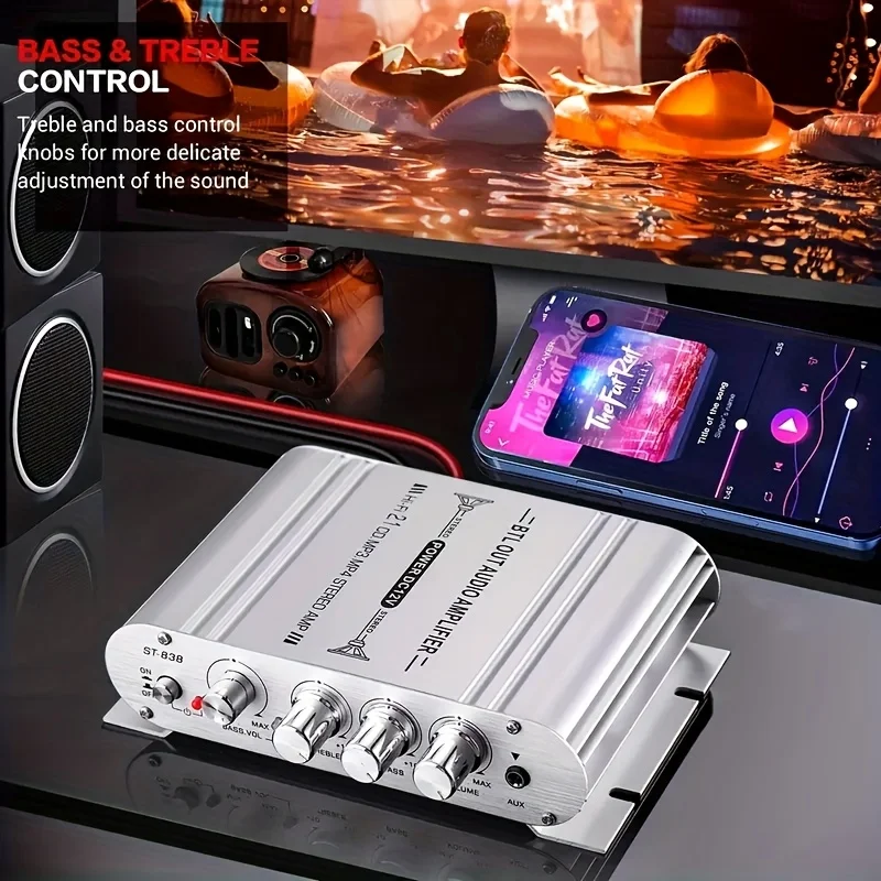 ST-838 2.1 Channel Mini Hi-Fi Audio Amplifier 400W Stereo Subwoofer Amp for Car Home Speaker DC12V Silver color is sent