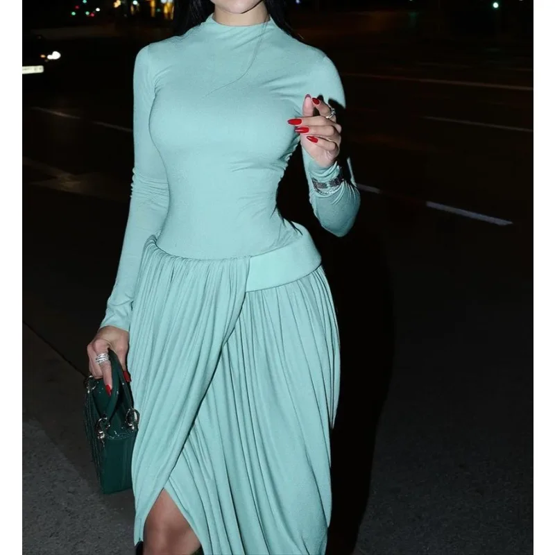 

Night Green Irregular Pleats Slim Sexy Long-sleeved Dress Women's Autumn