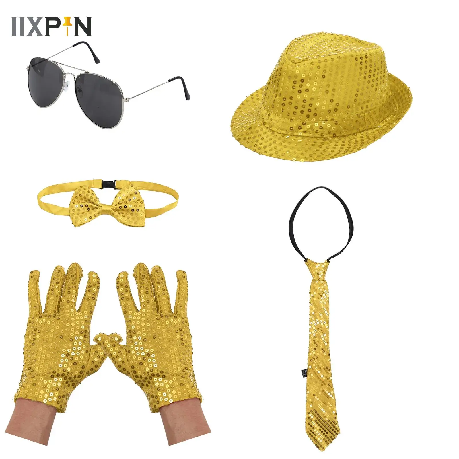80s 90sHip Hop Costume Kit Hat Bow Tie Sunglasses Tie And Gloves 70s Disco Costumes Accessories Set for Parties Fancy Ball