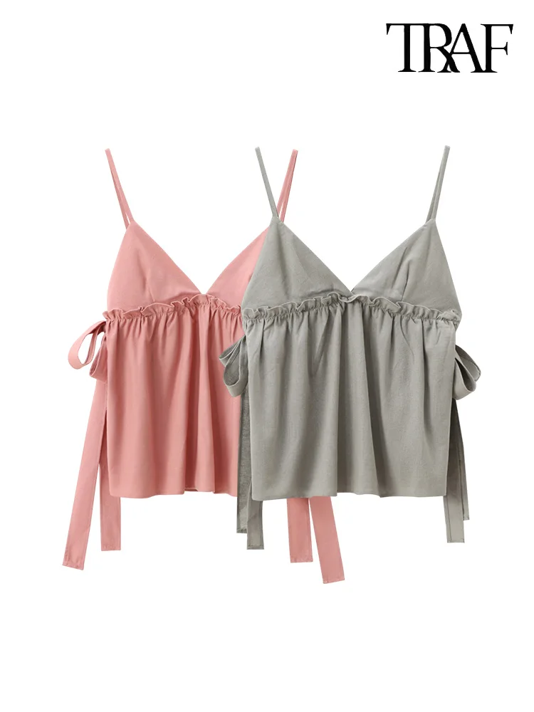 

TRAF женские бант украшения без спины спагетти Camisole жилет лето новый оборкой дизайн V-образным вырезом топ Y2K элегантная женская одежда