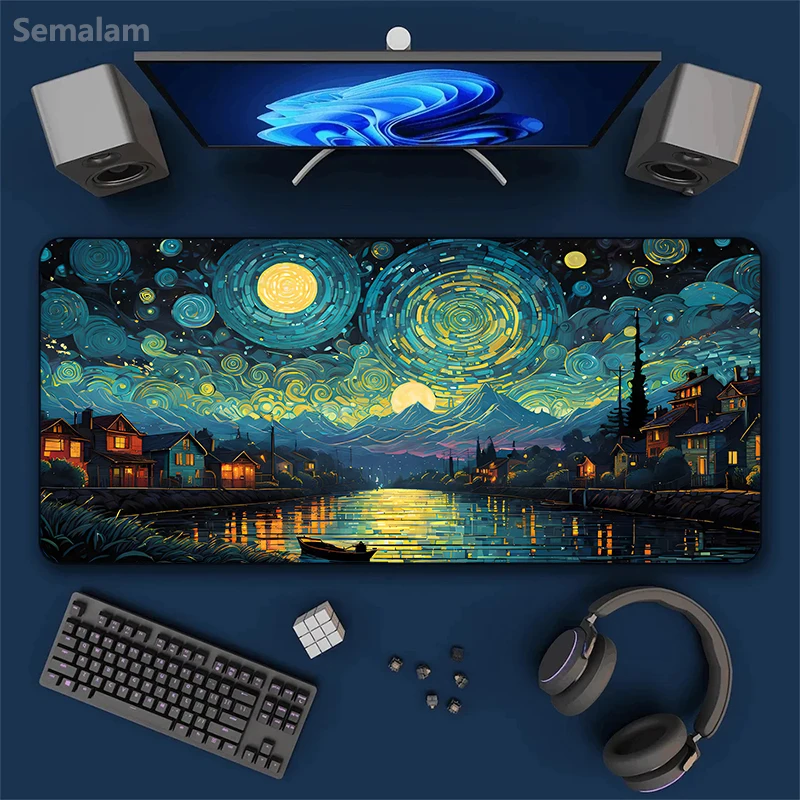 

Большой игровой коврик для мыши в стиле масляной живописи с волнами, нескользящая резиновая основа, 30x60 см, моющийся коврик для стола, для игр и офиса