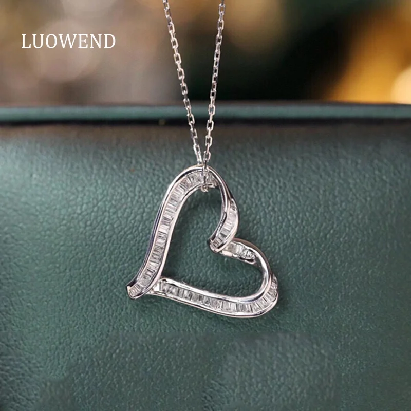 

LUOWEND 18K White Gold Necklace Romantic Heart Design 0.32carat Real Natural Diamond Pendant Necklace for Women Birthday Gift