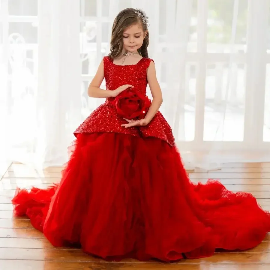 

JDY Red Sequin Tulle Train Flower Girl Dress First Christmas Gown Wedding Party Outfit فساتين اطفال سهرة بنات