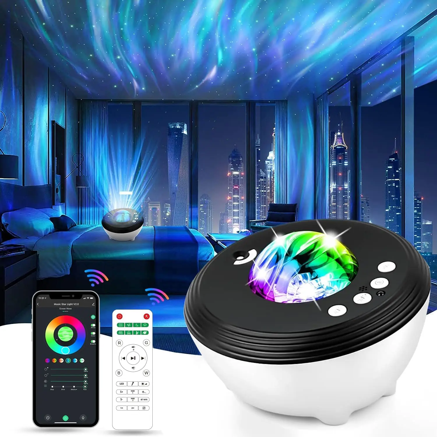 Star Projector Galaxy Night Light Aurora Projector With Bluetooth Function And Sleep-Aiding White Noise Bedroom Projector Lamp