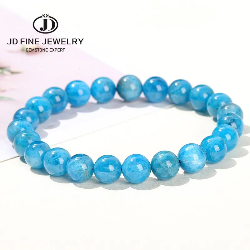 JD Natural Genuine Apatite Stone Bead Bracelet Women Men Fashion Blue Phosphorite Round Smooth Energy Bangles Jewelry Yoga Wrist