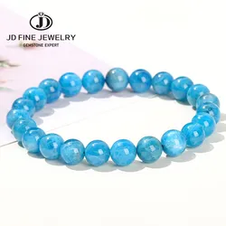 JD Natural Genuine Apatite Stone Bead Bracelet Women Men Fashion Blue Phosphorite Round Smooth Energy Bangles Jewelry Yoga Wrist