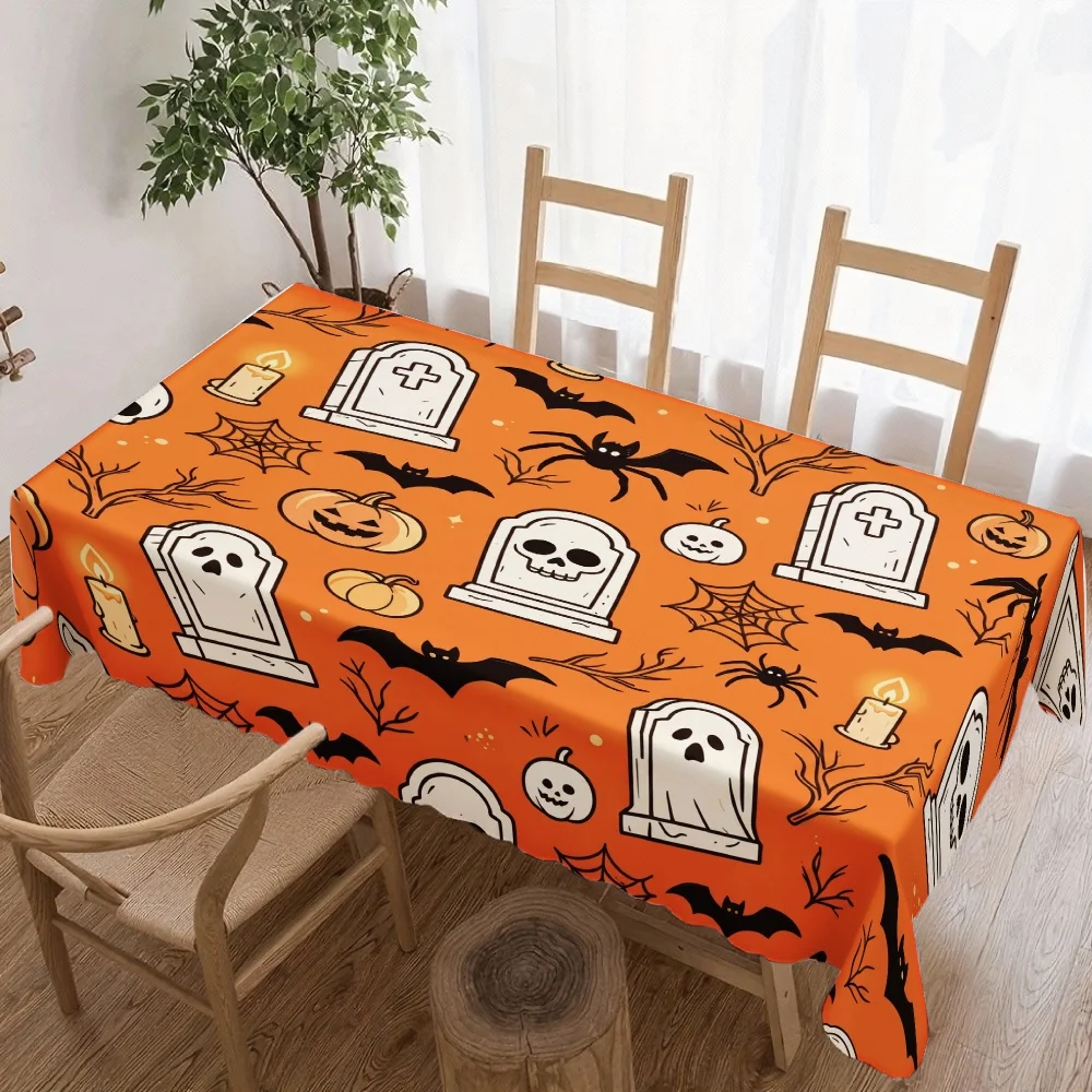Halloween Rectangle Table Cloth Skull Pumpkin Spider Web Bat Candle Table Cover for Indoor Outdoor Halloween Theme Table Decor