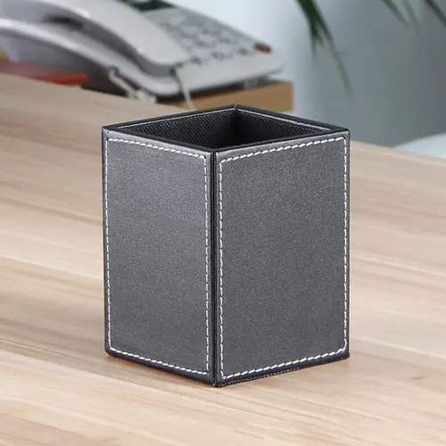 Imagen 2 del producto Portalápices de cuero PU de alta calidad, contenedor de bolígrafos portátil de gran capacidad, organizador de escritorio redondo/cuadrado, regalo para estudiantes