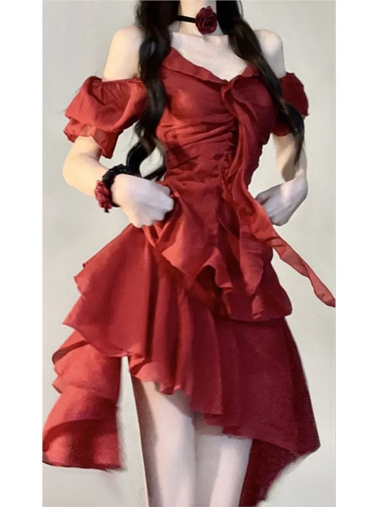 

A beautiful and elegant off-the-shoulder irregularly cinched little red dress with unique design
