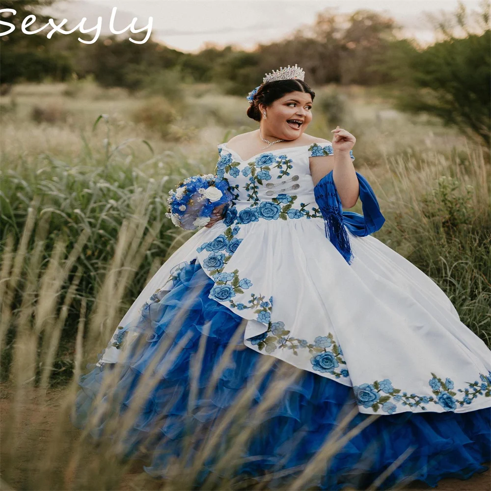 Mexican Charro Blue Quinceanera Dresses 2023 Plus Size Off Shoulders Puffy  Prom Dress With Bow Lace Up Tiered Ruffles Flower