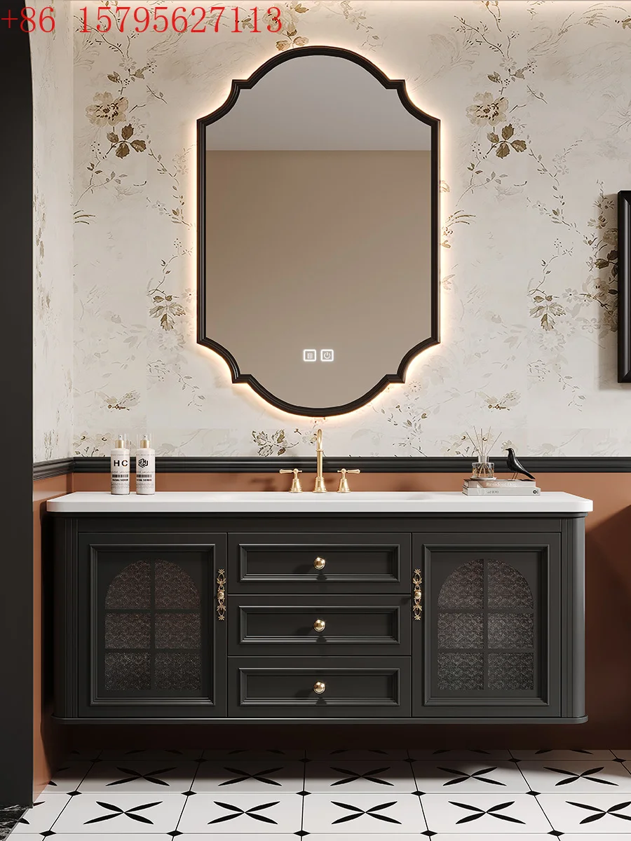 

French retro style imported luxury stone ceramic under the counter basin rubber wood bathroom cabinet washstand