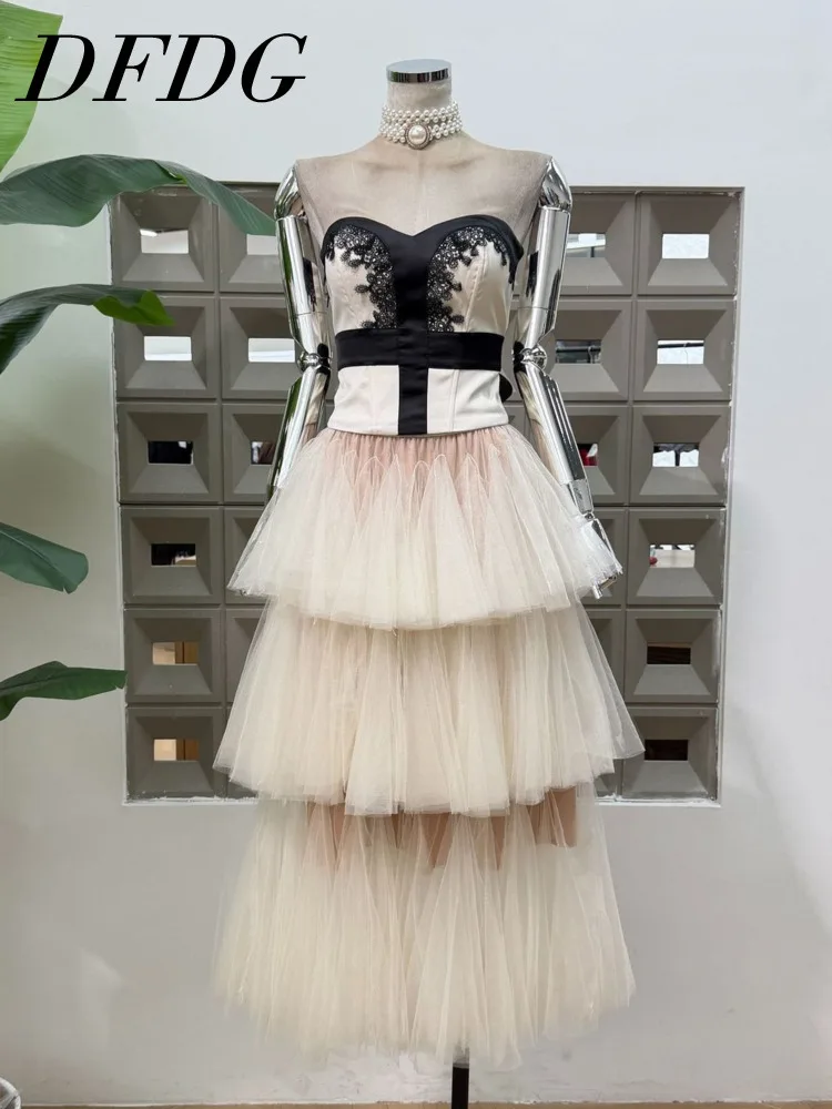 

DFDG Women's Spring Summer Strapless Lace Block Corset Tiered Tulle Skirt Set Elegant Formal 2026 Trendy Feminine Fashion Set