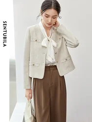 SENTUBILA Elegant Tweed Tassels Jackets Women 2024 Autumn Texture Straight V Neck Long Sleeve Letter Metal Button Coat 143W55803