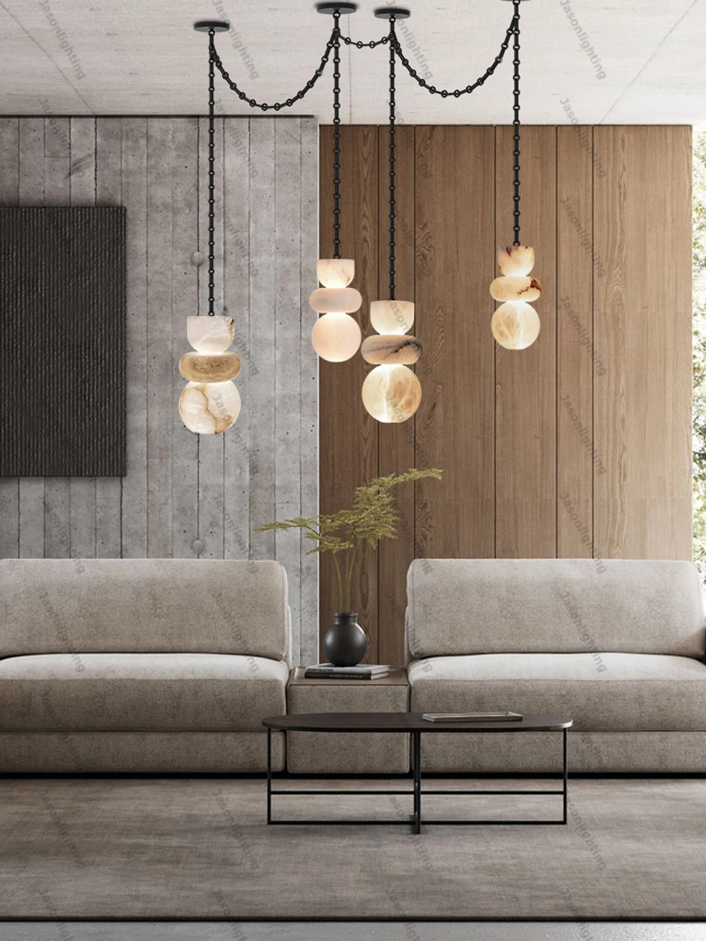 Alabaster Marble Chain Hanging Pendant Lights Collection for Dining Room Spanish Natural Marble LED Chandelier For Living Room