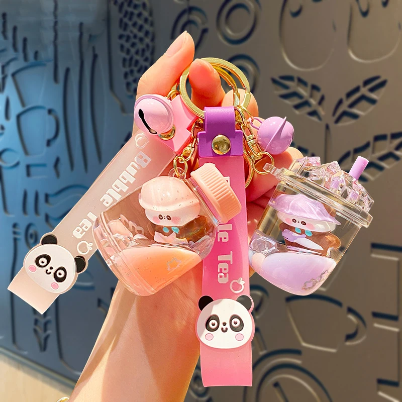 Cute Oil Panda Floating Drink Bottle Key Chain Lovely Panda Doll Liquid Iceberg Milk Tea Cup Five-pointed Star Sequin Keychain