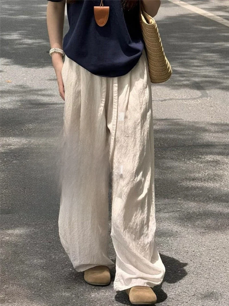 Breathable Lazy Wide Leg Pants Summer Casual  Linen Pants Draping Loose Fit Comfortable Women's High Waist Elastic Waist