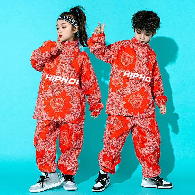 2024 bambini Hip Hop Dance Streetwear abiti larghi rossi per ragazze ragazzi Jazz Modern Dance Performance Stage Clothes DQS9098