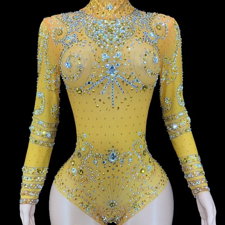 

Trend Diamond Long Sleeve Onesie Sexy Perspective Stage Performance Clothing Female Trend Brand Damen Kleider Abendkleid Elegant