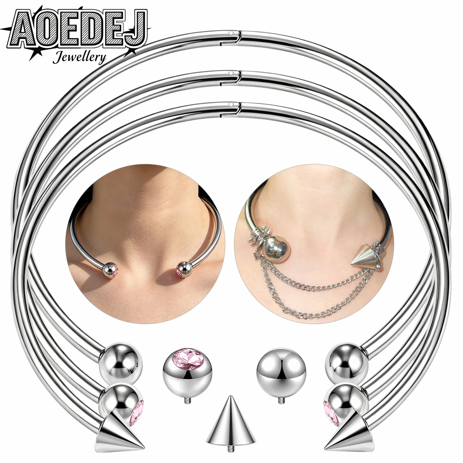 AOEDEJ 1-2PCS/LOT Ball Stainless Steel Choker Women Punk DIY Pendant Chain Necklace Replaceable Taper Spike Collar Neck Jewelry