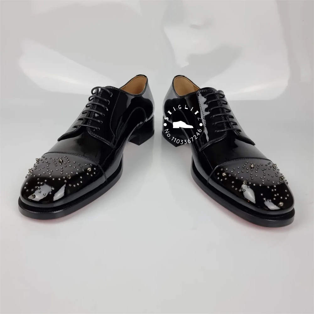 

Black Patent Leather Studded Derby Shoes Luxury Handmade Dress Shoes for Men Almond Toe Elegant Lace Up Dress Shoes Custom Color