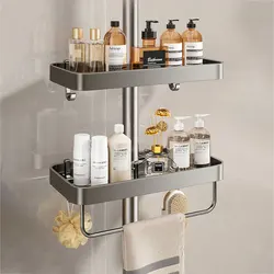 1/2PCS Shower Rack Punch-Free Bathroom Tray With Towel Bar Hooks Shampoo Holder Floating Shelf For Toilet Bathroom Organizer