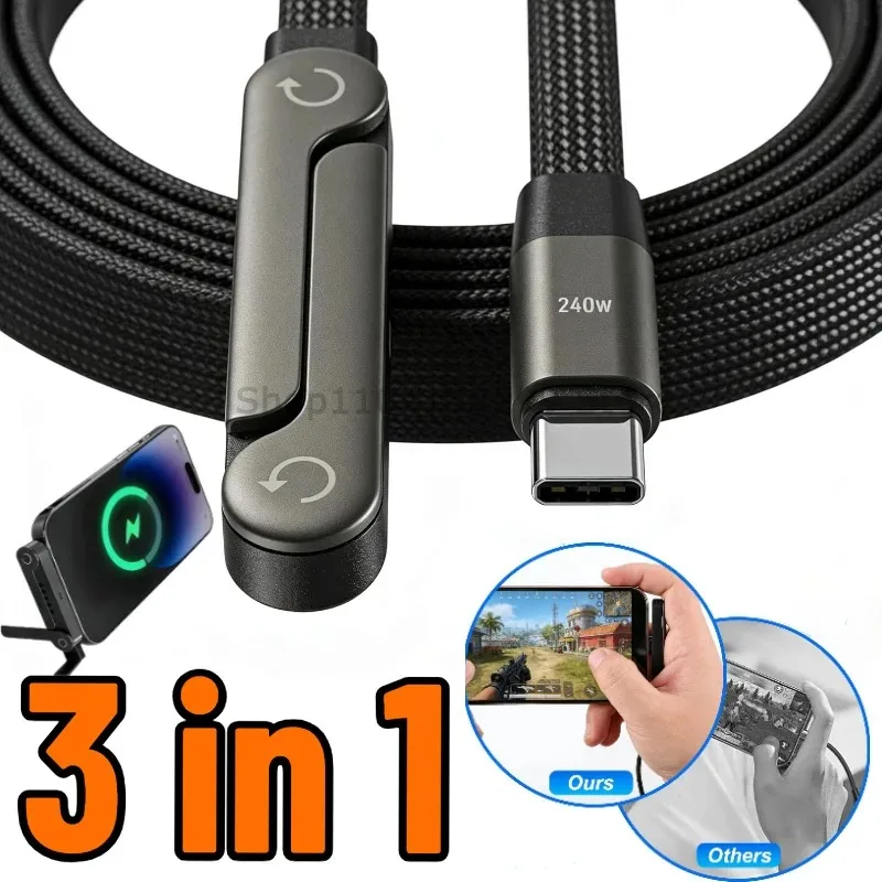 Cabo de Dados e Carregamento Rápido 3 em 1 de 240W Tipo C para USB C com Suporte Dobrável para Celular, Carregamento Rápido para Xiaomi e iPhone 17