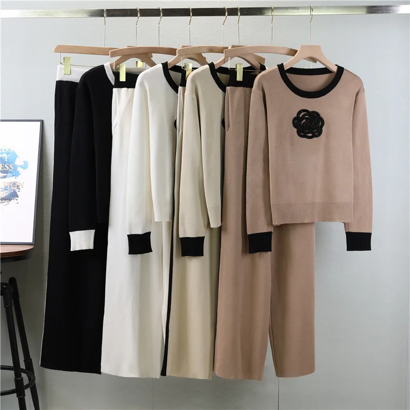 Women Sweater Pant Set Winter Knitted Casual Pullovers Suits Long Sleeve Autumn Loose Tops Elastic  Elegance Sweaterpants