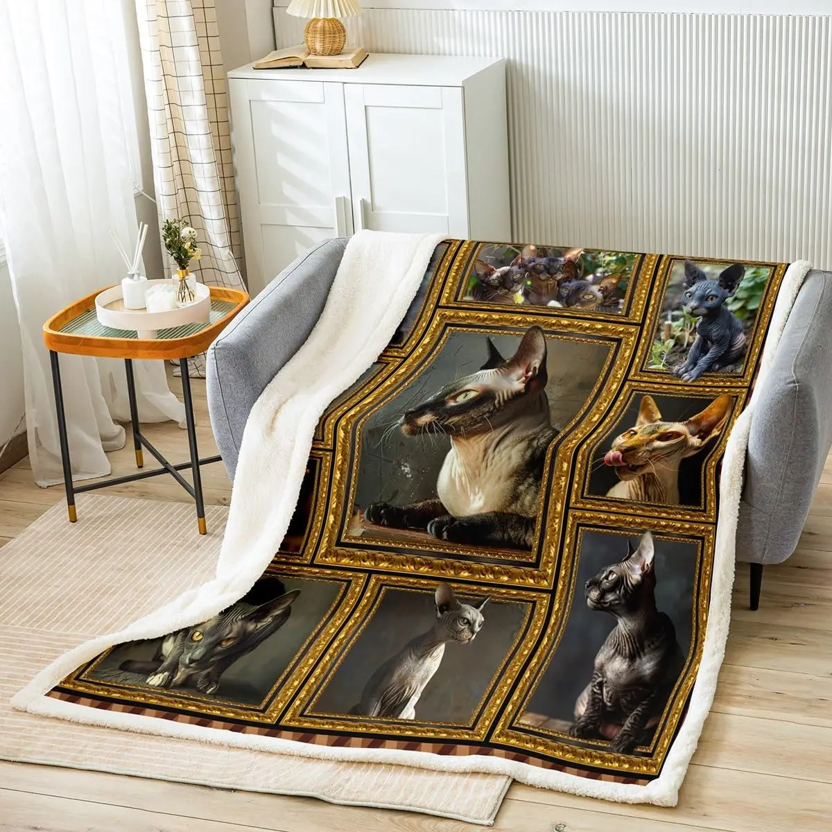 Feelyou Sphynx Katzen-Fleece-Überwurfdecke für Bett, Sofa, Couch, süße Katze, Plüschdecke, Überwurf x Kawaii-Kätzchen-Sherpa-Decke, Geschenk für