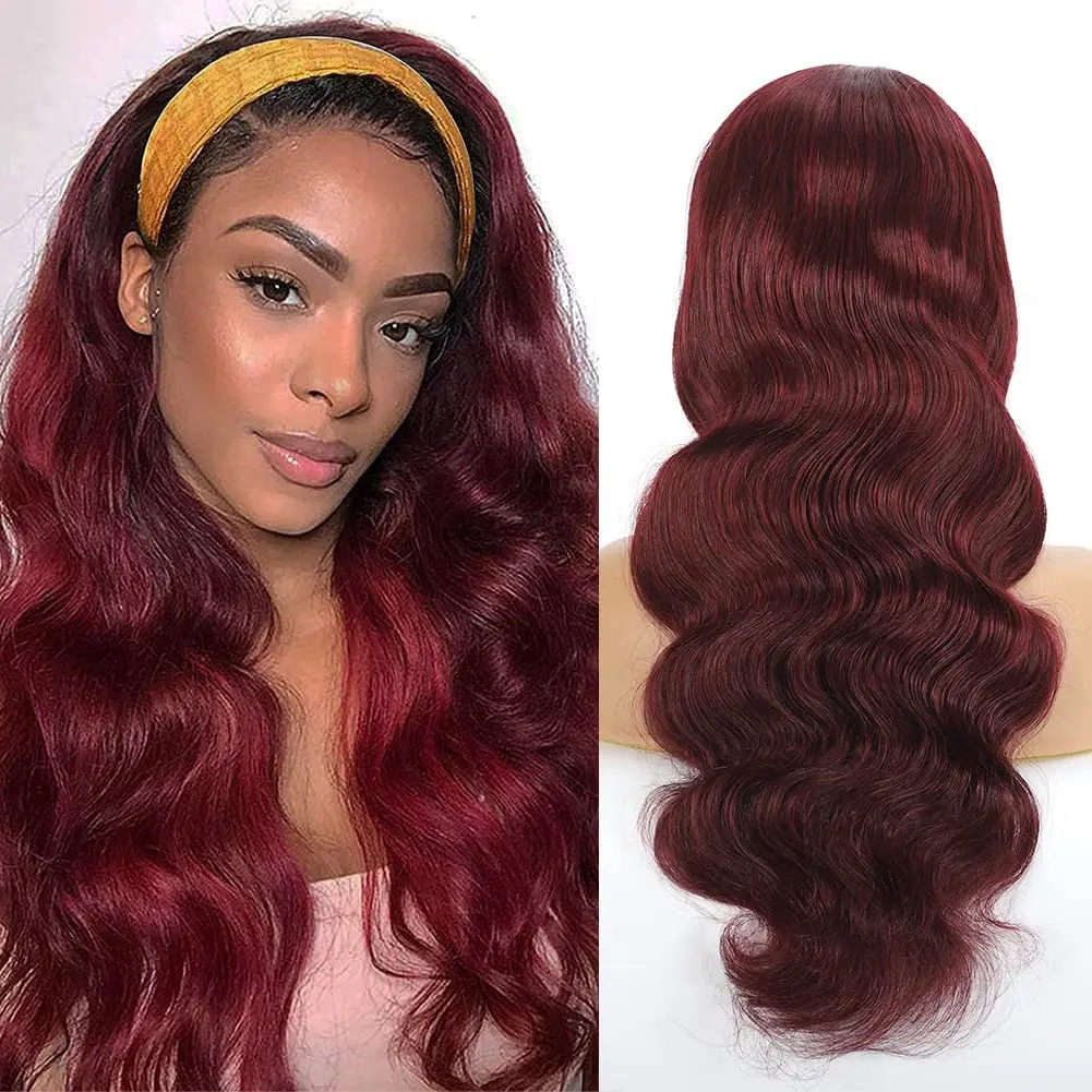 

99J Burgundy Body Wave Headband Wig Human Hair Ginger Orange Reddish Brown Water Wave Glueless Full Machine Made Wigs For Women