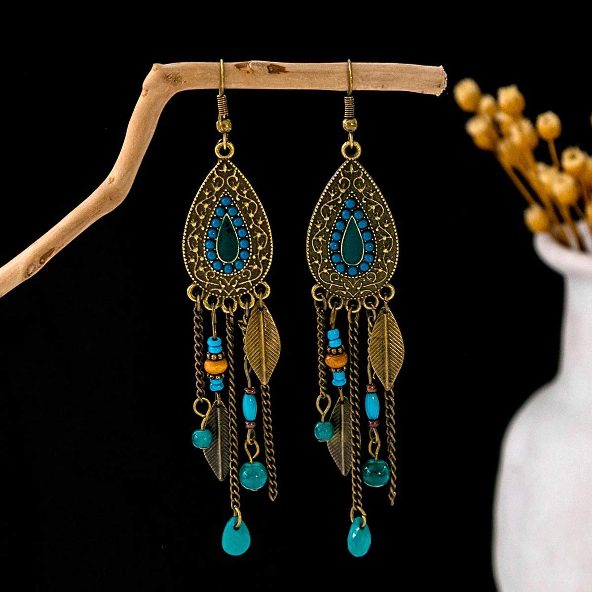 Classic Bohemian Vintage Water Drop Earrings for Women Ethnic Style Handmade Long Chain Bead Tassel Earring Pendientes Mujer