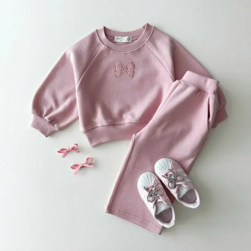 

Korea Kids Boutique Clothes Cute Bow Cotton Sweatshirt + Sweatpants 2 Sets Kawaii Pink Wide Leg Sweatpants Baby Girl Outfit Set