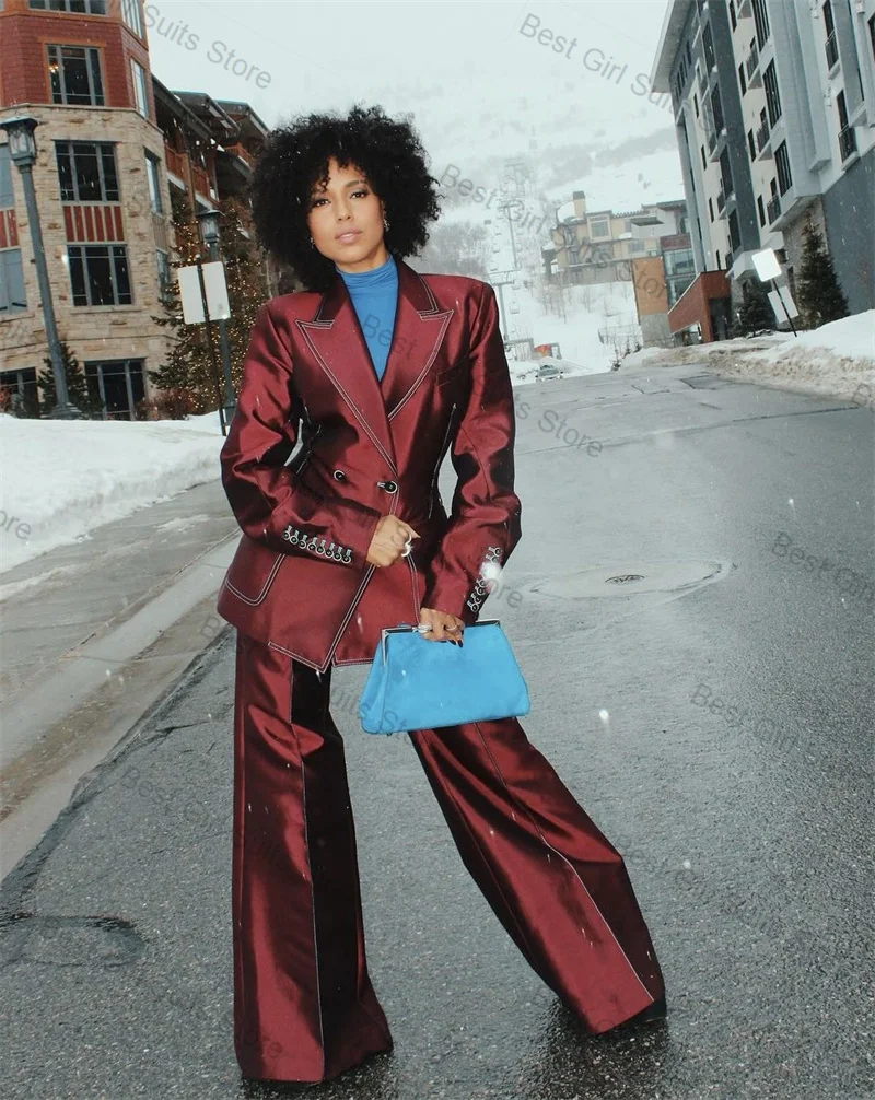 

Dark Red Satin Women Suit Set 2 Pcs Blazer+Pants Trousers Autumn Fall Formal Office Lady Jacket Customized Wedding Prom Coat
