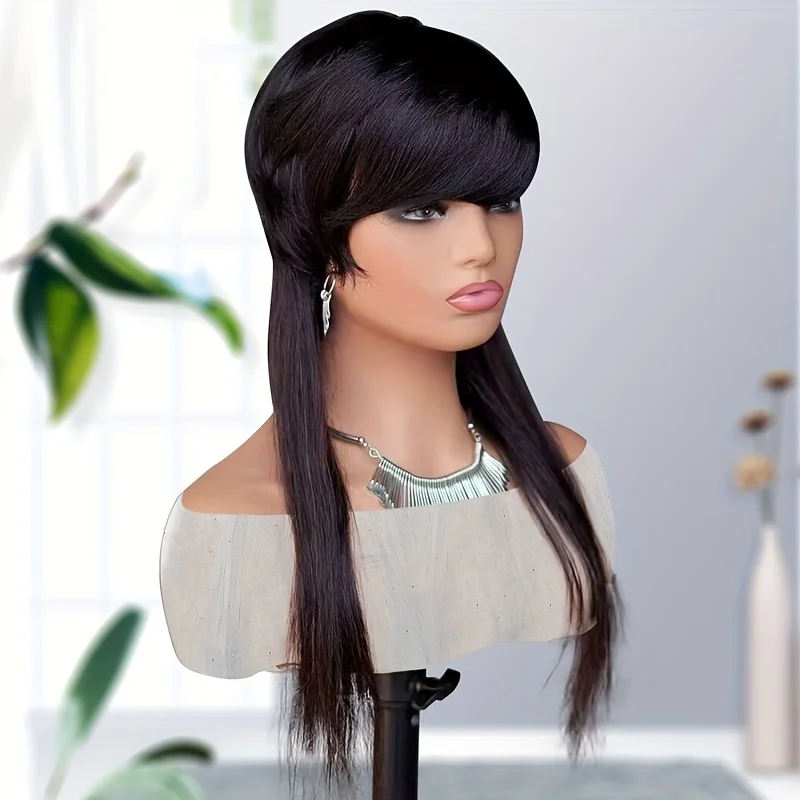 pixie long straight 18inch daily party use remy hair mullet wig 150% density black color machine made human hair wigs for women