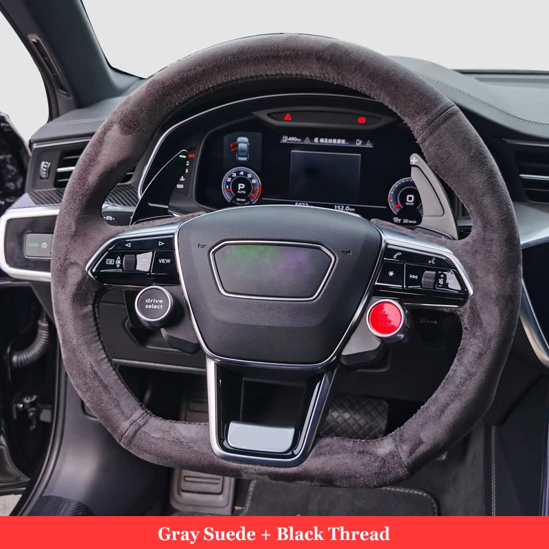 Genuine Leather Suede Hand Sew Steering Wheel Cover Wrap Car Accessories Specifically for Audi A6 A7 S6 S7 (D-SHAPE FLAT BOTTOM)