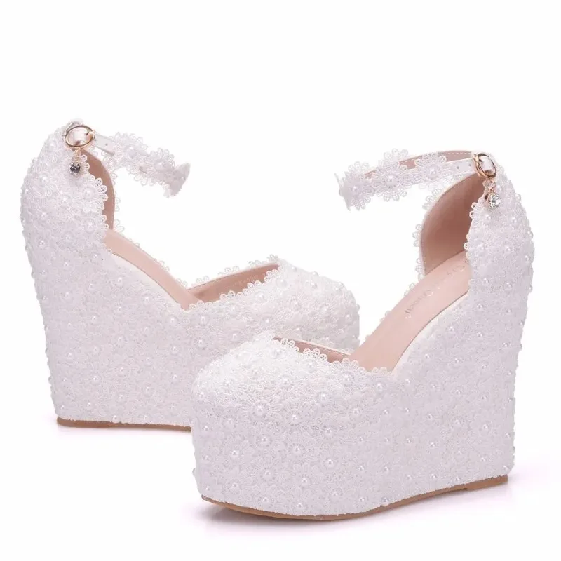 Fashion Dress Women Pumps Shallow Wedding PU 12CM Wedges Round Toe Buckle Strap White Lace Pearl Pole Dancing Woman Shoes