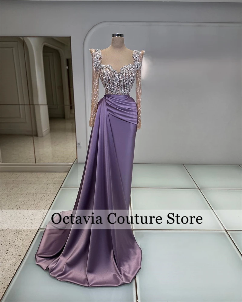 

Purple Pleats Saudi Evening Dresses Bead Crystal 2024 Birthday Luxury Dresses Full Sleeve Sweetheart Formal Gown Customized