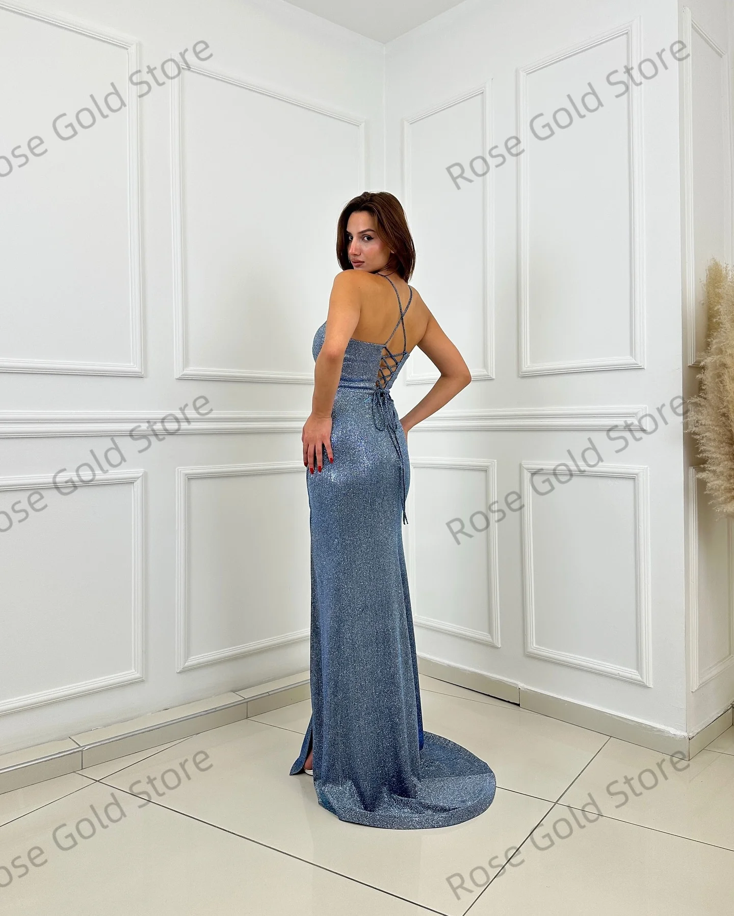 Sexy azul sereia vestidos de noite lantejoulas decote em v alta fenda vestido de gala para casamento personalizado brilhante até o chão robes de soriee